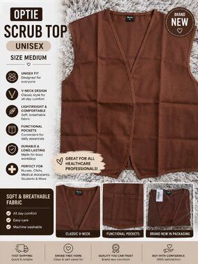 Optie Unisex Scrub Top Size M Brown V-Neck Medical Healthcare Uniform NEW